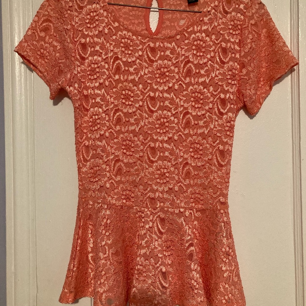 Pink/coral lace peplum shirt size small